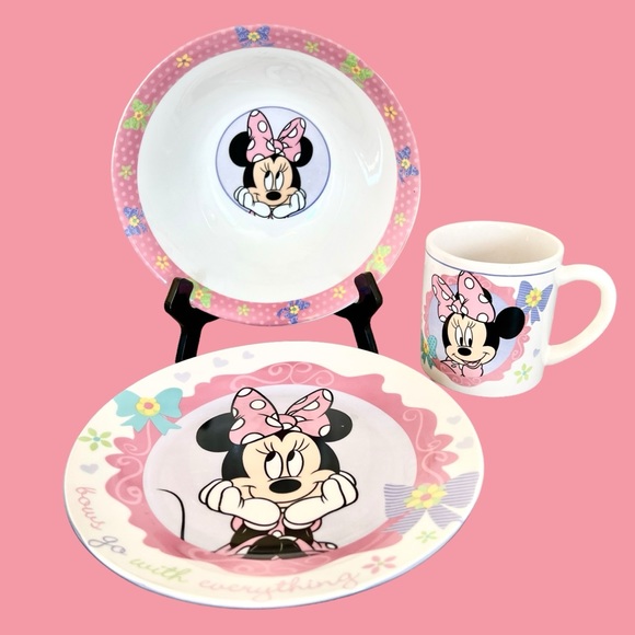 Disney Other - Disney Minnie Mouse Ceramic Plate, Bowl, & Mug 3 Piece Set